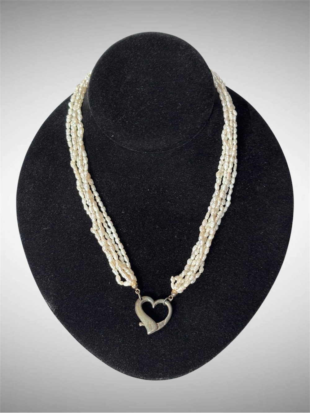 🌼VTG Multi-Strand Freshwater Rice Pearl Sterling Silver Heart Clasp Necklace - Picture 6 of 8